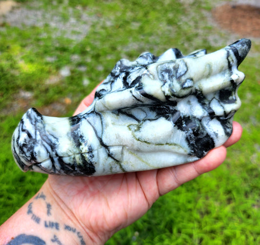 Moss Agate & Shell Jasper Dragon Carvings